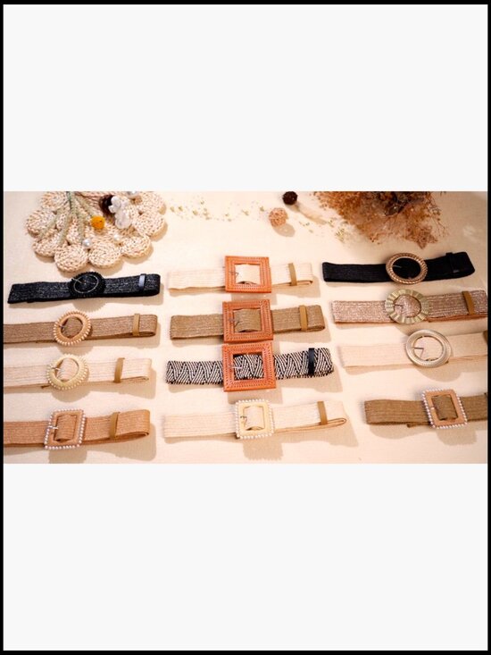 Straw Woven Belts for Women Elastic Stretch Raffia Belt Rattan Buckle Boho